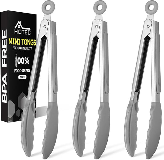 Hotec Mini Silicone Kitchen Tongs for Cooking - 7-Inch Small Serving Tongs with Silicone Tips, Set of 3 (Grey) by Hotec
