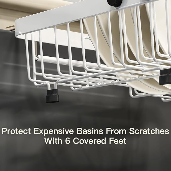 MAJALiS Dish Drying Rack Over The Sink, Expandable Stainless Steel Dish Drainer for Small Kitchen Counter Space Saving, RV Compact Plate Strainer in White Metal with Hanging Adjustable Utensil Holder - Image 7