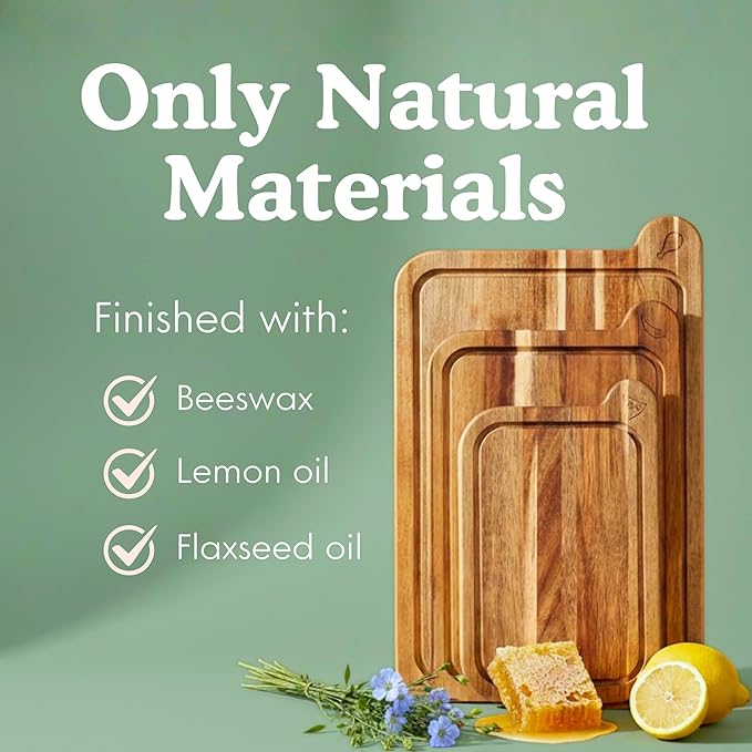 Non Toxic Cutting Boards - Cutting Board Set Free of Mineral Oil, Made of FSC Acacia Wood - Cutting Boards for Kitchen - Includes 3 Chopping Boards. By Ziruma - Image 3