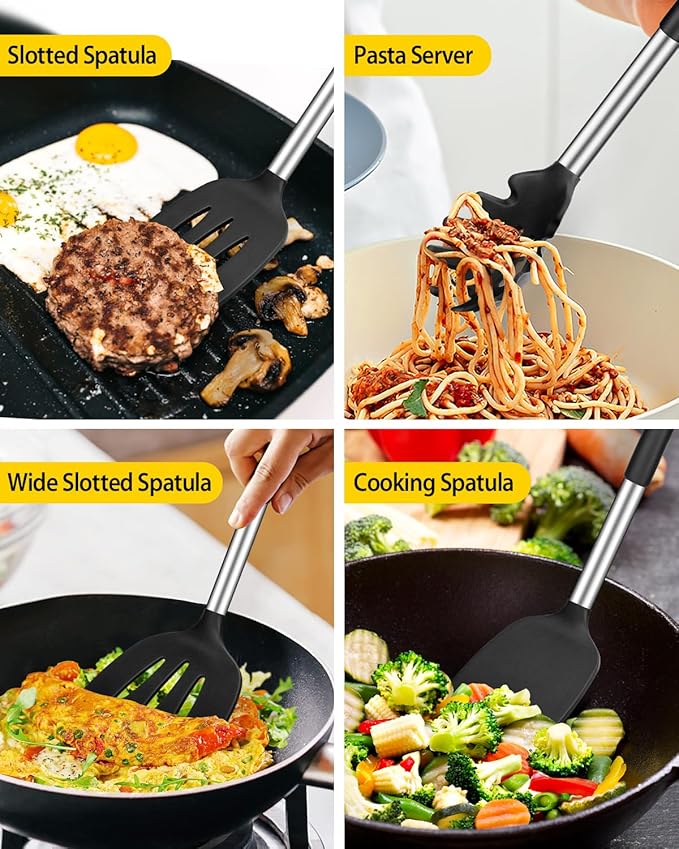 Silicone Cooking Utensil Set, 8Pcs Non-stick Cookware with Stainless Steel Handle, BPA Free Heat Resistant Kitchen Tools with Spatulas, Turners, Spoons, Skimmer and Pasta Fork - Image 3