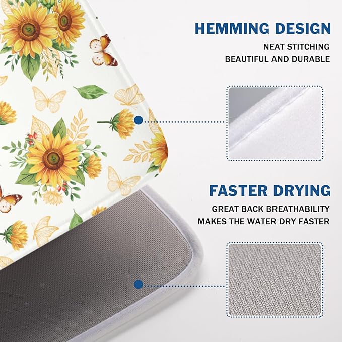 Sunflower Dish Drying Mat for Kitchen Counter Summer Yellow Floral Microfiber Dish Drainer Mat Rustic Farmhouse Absorbent Washable Drying Pad Extra Large 18"x24"