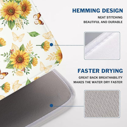 Sunflower Dish Drying Mat for Kitchen Counter Summer Yellow Floral Microfiber Dish Drainer Mat Rustic Farmhouse Absorbent Washable Drying Pad Extra Large 18"x24"