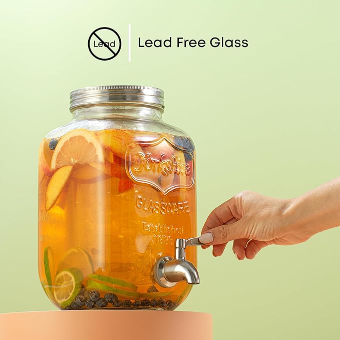 1-Gallon Drink Dispenser. Glass Beverage Dispenser with Stainless steel Spigot plus Ice Cylinder and Fruit Infuser! Water Dispenser, Lemonade Stand, Juice Container - Drink Dispensers for Parties - Image 5