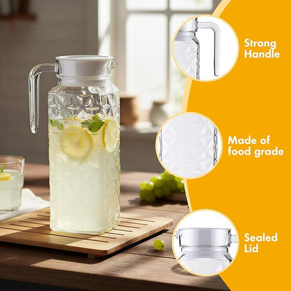 Didaey 4 Pcs Acrylic Water Pitcher with Lid, Spout Handle Clear Plastic Pitcher Heat Resistant Carafe Unbreakable Beverage Container Fridge Jug for Juice Ice Tea Sangria Lemonade(37 oz,Diamond)