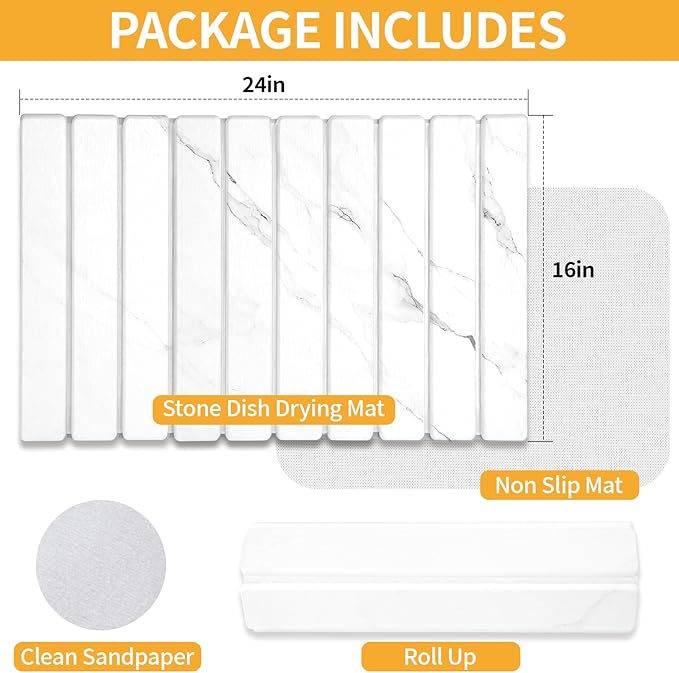 Stone Dish Drying Mat for Kitchen Counter, 24''×16'' Quick Dry Stone Dish Matt Collapsible Water Absorbing Diatomaceous Earth Drying Organizer Mat for Dishes Bottles Cups, Any Countertop(White Marble)