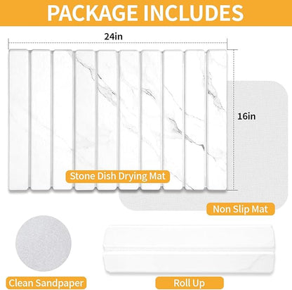 Stone Dish Drying Mat for Kitchen Counter, 24''×16'' Quick Dry Stone Dish Matt Collapsible Water Absorbing Diatomaceous Earth Drying Organizer Mat for Dishes Bottles Cups, Any Countertop(White Marble)