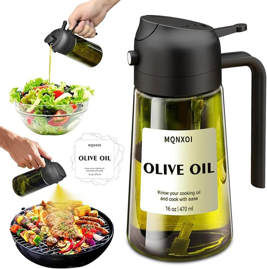 mqnxoi Oil Sprayer for Cooking, 2 in 1 Olive Oil Dispenser Bottle for Kitchen, 16oz/470ml Premium Glass, Food-grade Oil Mister for Air Fryer, Salad, Frying, BBQ (Black + Dark Green Bottle) by Unknown