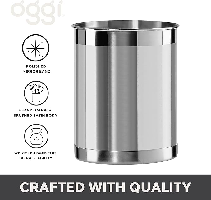 Oggi Stainless Steel Utensil Holder - 5" Diameter, Utensil Caddy, Weighted Base for Stability - Larger-Sized Utensil Crock and Countertop Utensil Organizer, Stainless Steel - Image 3