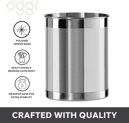 Oggi Stainless Steel Utensil Holder - 5" Diameter, Utensil Caddy, Weighted Base for Stability - Larger-Sized Utensil Crock and Countertop Utensil Organizer, Stainless Steel - Image 3
