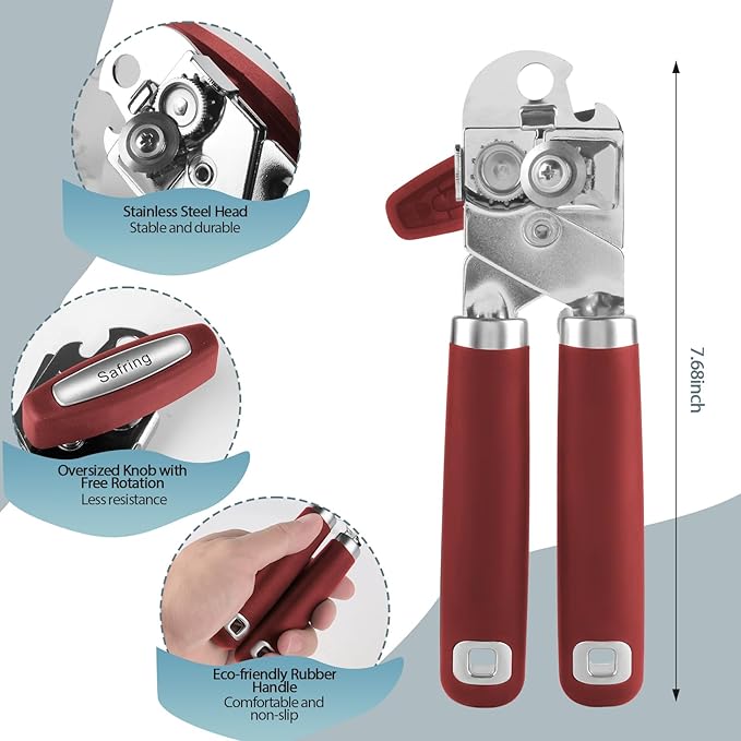 Safring Can Opener Manual, Heavy Duty Handheld Strong Can Opener with Soft Touch Handle, Sharp Blade Smooth Edge, Can Openers with Multifunctional Bottle Opener, Red - Image 2