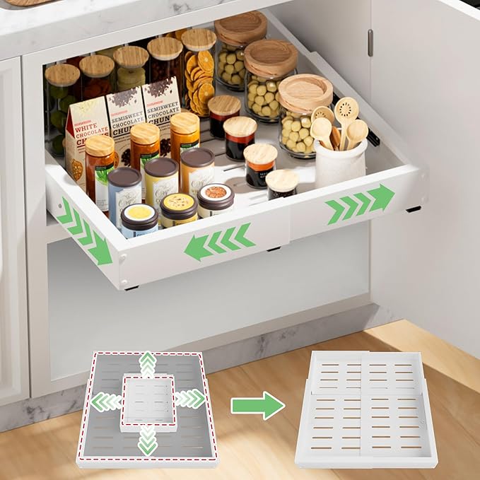 1 Pack Pull out Cabinet Organizer, Width (12"-19") Depth (17"-23"), with 3 Rails Adjustable Slide, Expandable Pullout Drawers for Cabinets, No Drill Adhesive Kitchen Drawers for Pantry Shelves by BUFOR