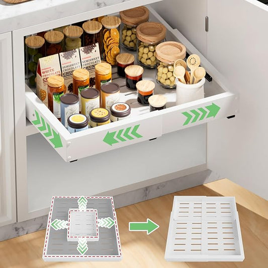 1 Pack Pull out Cabinet Organizer, Width (12"-19") Depth (17"-23"), with 3 Rails Adjustable Slide, Expandable Pullout Drawers for Cabinets, No Drill Adhesive Kitchen Drawers for Pantry Shelves by BUFOR