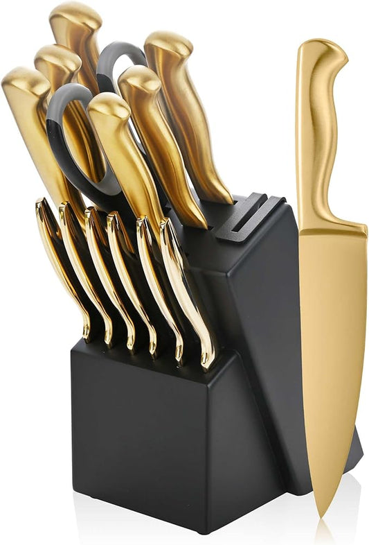 15-Piece Gold Kitchen Knife Block Set with Sharpener, Stainless Steel Knives Set for Kitchen, Chef Gold Kitchen Knife Sets with Scissors, Steak Knives