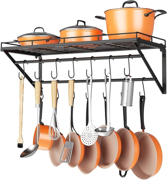 OROPY 31 Inch Wall Mounted Pot Rack Storage Shelf with 2 Tier Hanging Rails 14 S Hooks included, Ideal for Pans, Utensils, Cookware - Black by OROPY