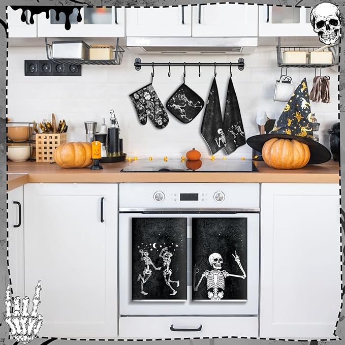 Leinuosen 6 Pcs Skull Kitchen Decor Set, Skull Kitchen Towels Gothic Oven Mitts and Pot Holders Skeleton Hand Dish Towels Horror Oven Mitts for Home Decor Party Gifts (Black,Cool) - Image 2