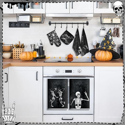 Leinuosen 6 Pcs Skull Kitchen Decor Set, Skull Kitchen Towels Gothic Oven Mitts and Pot Holders Skeleton Hand Dish Towels Horror Oven Mitts for Home Decor Party Gifts (Black,Cool) - Image 2