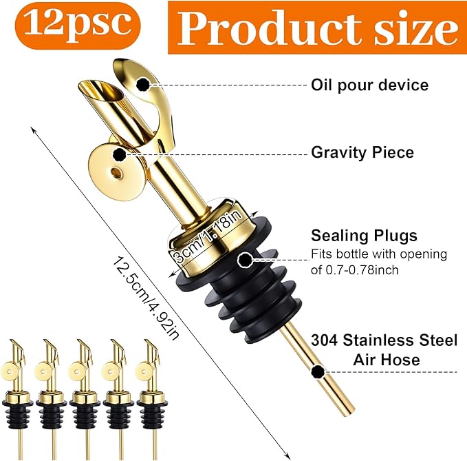 12 Pcs Weighted Stainless Steel Liquor Bottle Pourers Auto Flip Olive Oil Dispenser Spout Balsamic Alcohol Pourer Spouts for Home Bar Accessories (Gold)