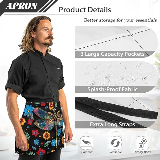 Server Apron with 3 Pockets, Waterproof Oil Waitress Waiter Half Apron for Restaurant Hotel Kitchen Cafe