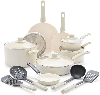 GreenLife Soft Grip 16 Piece Cookware Set, Non-Toxic PFAS-Free Ceramic Nonstick, Frying, Sauce, Saute, Utensils, Glass Lids, Stay-Cool Handles, Wobble Free, Dishwasher & Oven Safe, Cream by GreenLife