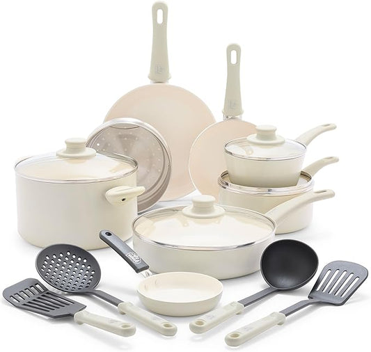 GreenLife Soft Grip 16 Piece Cookware Set, Non-Toxic PFAS-Free Ceramic Nonstick, Frying, Sauce, Saute, Utensils, Glass Lids, Stay-Cool Handles, Wobble Free, Dishwasher & Oven Safe, Cream by GreenLife