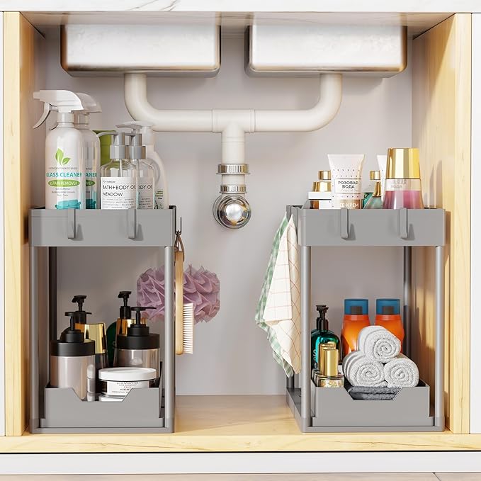 Simple Trending Under Sink Organizer 2 Pack, Sink Pull-Out Sliding Storage Cabinet, 2-Tier Under Shelf Organizer for Kitchen Bathroom, Grey - Image 7
