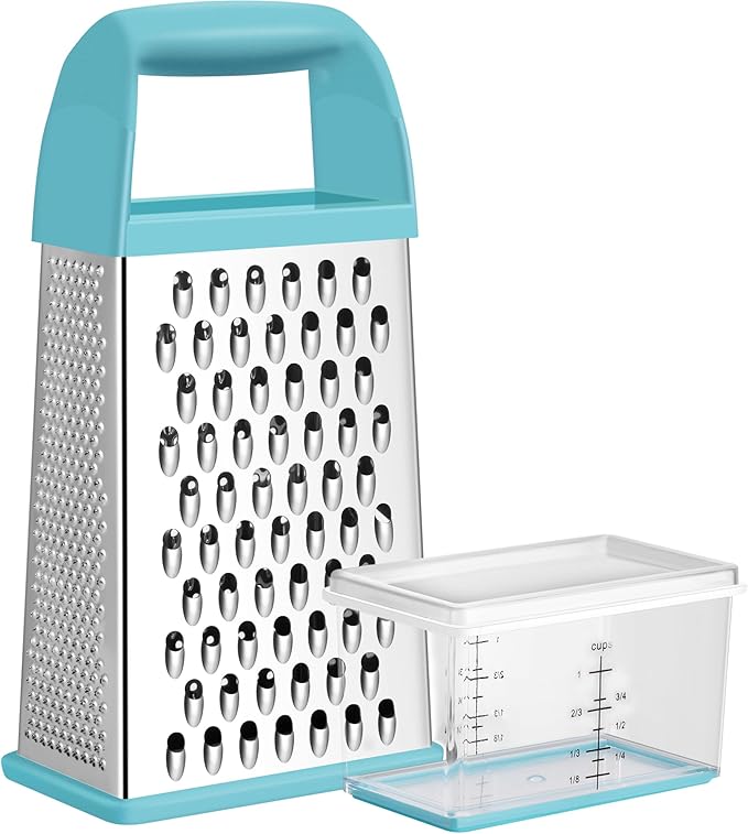 Urbanstrive Cheese Grater With Container, Professional Cheese Grater with Handle, Stainless Steel Graters for Kitchen Handheld, Box Grater with 4 Sides for Vegetables, Ginger, Potatoes (Blue) by Urbanstrive