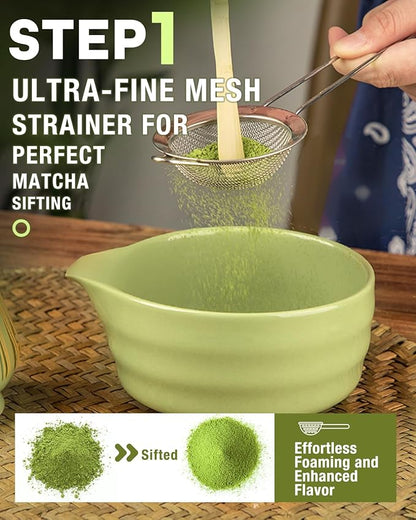 Matcha Whisk Set - 5PCS Matcha Set Includes 17OZ Chawan with Spout, Bamboo Chasen Whisk with Ceramic Holder, Matcha Scoop and Stainless Sifter, Matcha Kit for Ceremony, Gift for Matcha Lovers