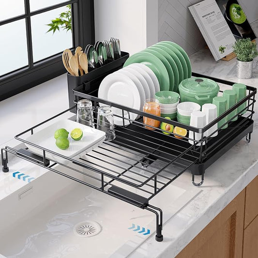Kitsure Extendable Dish Drying Rack - Rust-Resistant Dish Racks for Kitchen Counter with Adjustable Support Legs, Cutlery Holder & Removable Draining Tray (Black, 15.6''-25.2''L × 16.9''W × 8.1''H) by Kitsure