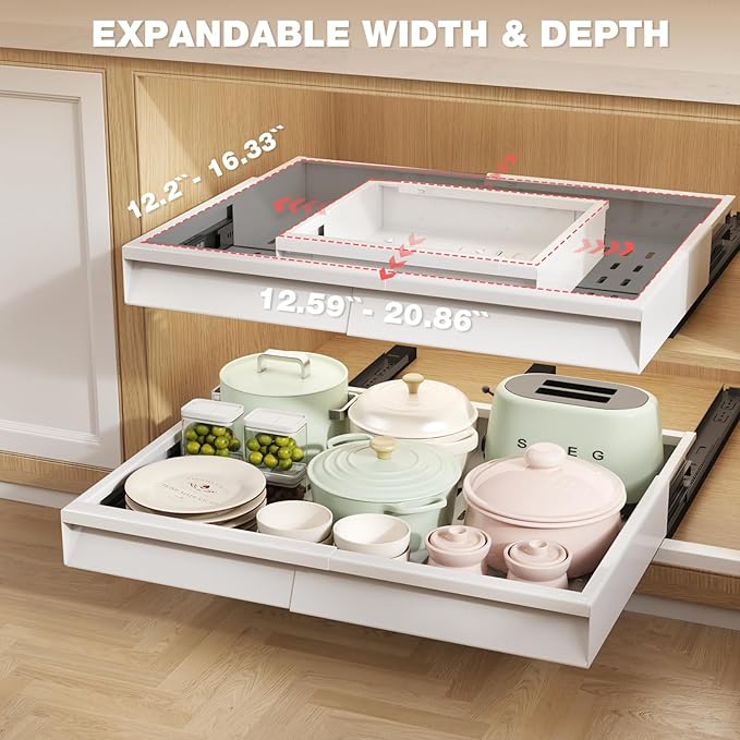 Seinloes 2 Pack Pull Out Cabinet Organizer With Raising Pad for Framed Cabinets,Expandable Width (13"-21") and Depth (13"-17"),3 Slide Rails Slide Out Drawers with Handle,No-Drill Roll Out Shelf,White - Image 2
