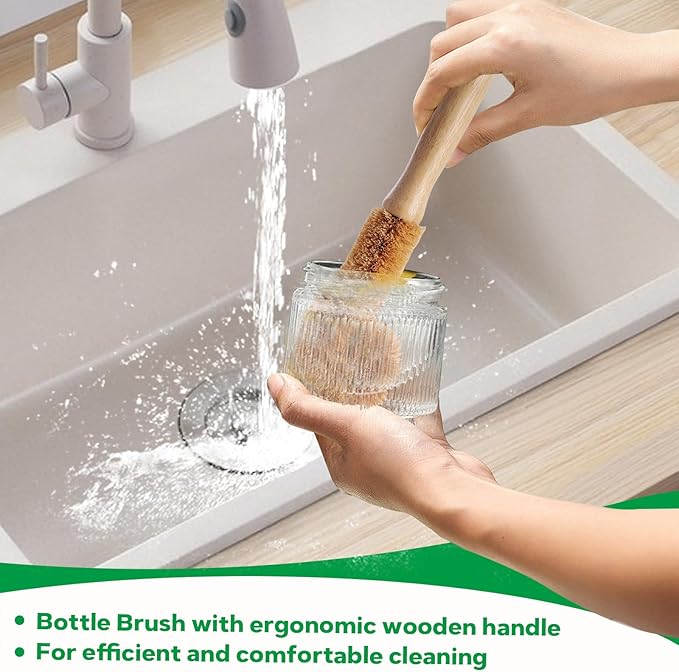 Bamboo Dish Brush Set - 5 Packs Natural Wooden Kitchen Brush, 4 Dish Scrubbers with One Replacement Head, Cleaning for Pots, Bottles and Vegetables - Image 3