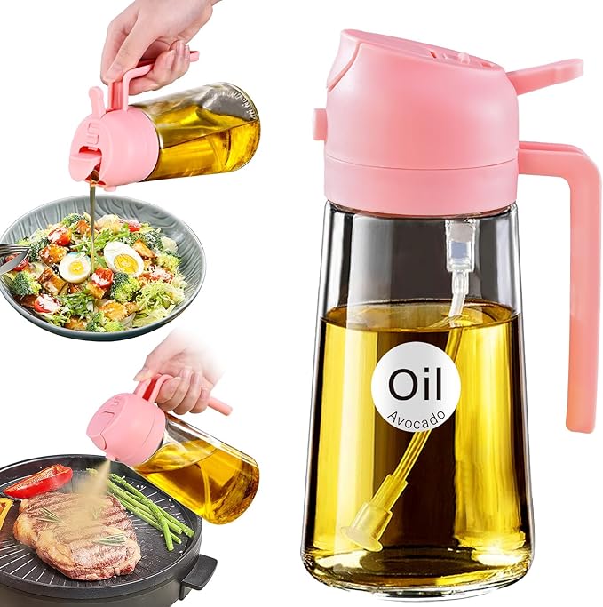 YARRAMATE 16oz/470ml Oil Sprayer for Cooking with Stickers, Food-grade Premium 2 in 1 Olive Oil Dispenser Bottle for Kitchen Gadgets, Air Fryer, Salad, Frying, BBQ (Pink) by YARRAMATE