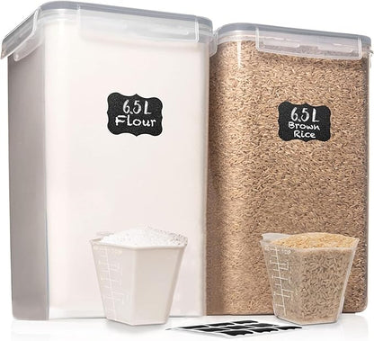 WHITE FEATHER SUPPLIES 2 PC [7 Qt / 6.5L / 220 Oz] Large Food Storage Containers with Lids Airtight - BPA Free Clear Plastic Kitchen and Pantry Storage Containers for Cereal, Flour, Sugar, Rice