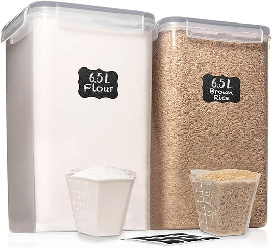 WHITE FEATHER SUPPLIES 2 PC [7 Qt / 6.5L / 220 Oz] Large Food Storage Containers with Lids Airtight - BPA Free Clear Plastic Kitchen and Pantry Storage Containers for Cereal, Flour, Sugar, Rice