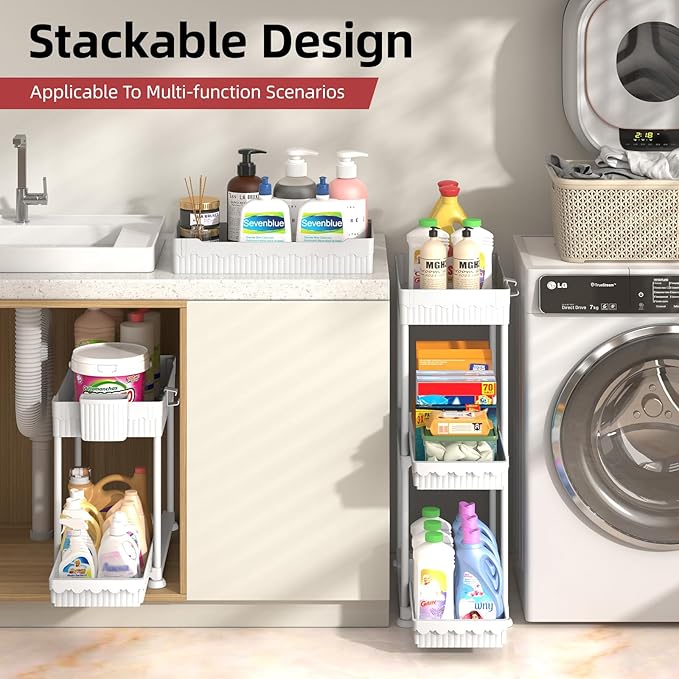 Sevenblue Under Sink Organizer, Bathroom Organizers and Storage, 2 Tier Multi-Use Pull Out Cabinet Organizer with Hang Hooks and Cups (White, 4 Pack) - Image 5