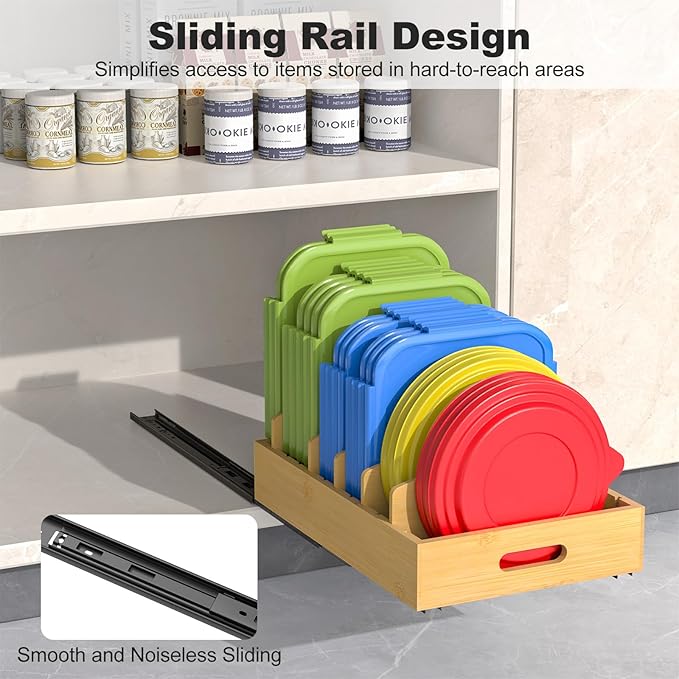 Housolution Pull Out Food Container Lid Organizer with Sliding Rail, Slide Out Plastic Lid Holder Compatible with Tupperware, Bamboo Storage Box with 5 Adjustable Dividers for Kitchen Cabinet, 2 Pack - Image 2