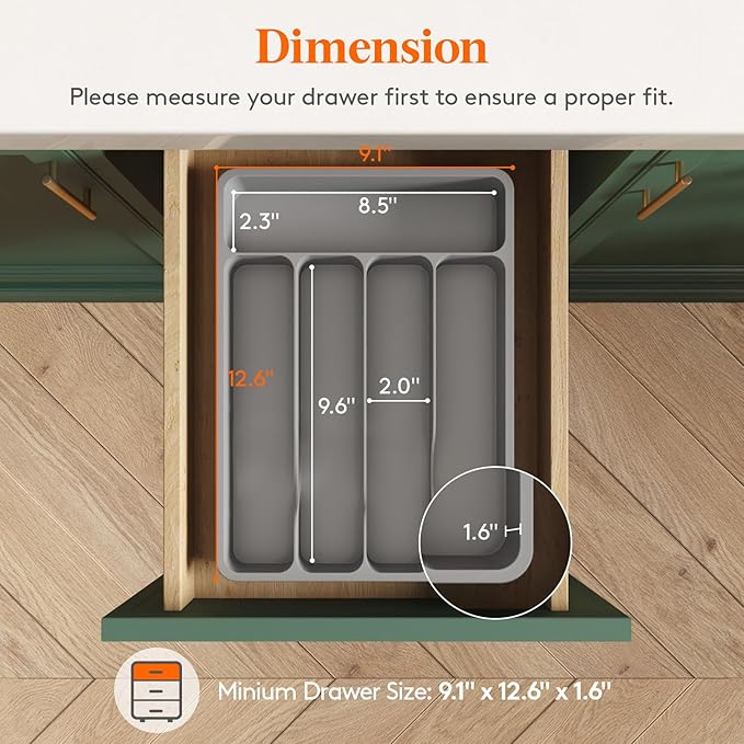 Lifewit Silverware Drawer Organizer Tray, Plastic Cutlery Storage for Kitchen, Flatware and Utensil Holder Divider for Spoons Forks Knives Tableware, 9.1 x 12.6", 5 Slots, Gray - Image 2