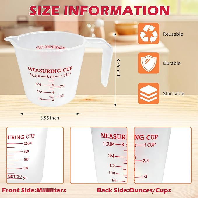 16 Pcs 1 Cup Capacity Plastic Measuring Cup, 8 Oz/250 ml Clear Graduated Measuring Cups Plastic Mug with Spout and Handles Ounce and Ml Cup Marking for Recipe Ingredient, Flour, Water, Liquid
