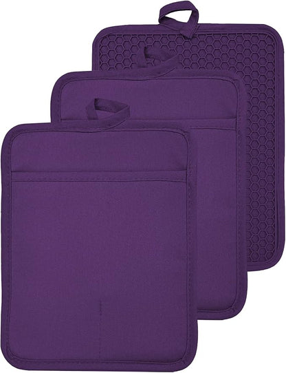 Oven Pot Holder with Pocket Cotton Heat Resistant Coaster Potholder Kitchen Hot Pad Oven Mitts for Cooking and Baking Square 7"x9" (Purple, Silicone) by VEIKERY