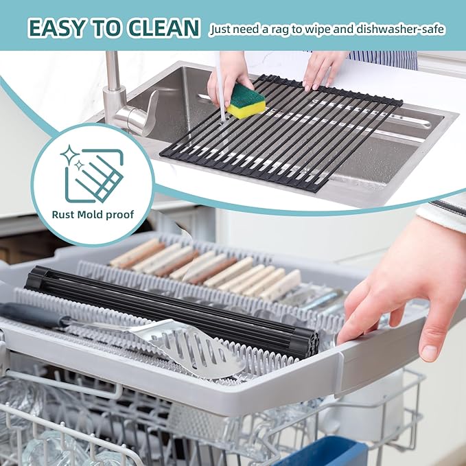 Ohuhu Roll Up Dish Racks, 16.5" L x 13" W Over The Sink Dish Drainer Drying Rack Kitchen Sink Organizer Silicone Wrapped Large in Sink Dish Drying Rack Foldable Rolling Drain Mats Anti-Slip - Image 8