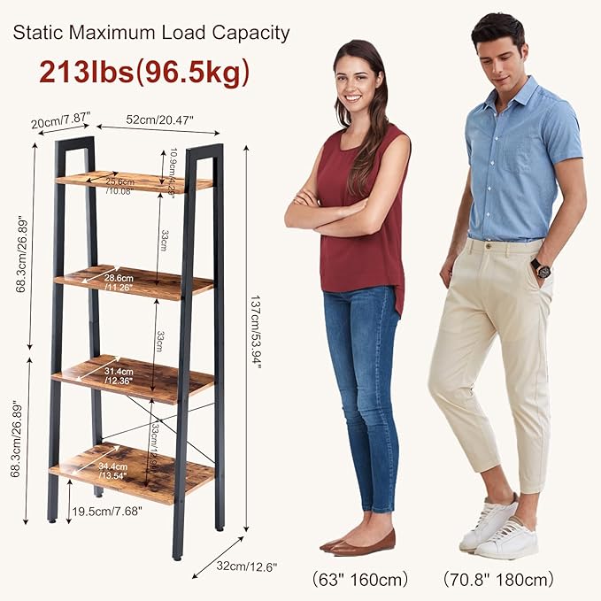 DUMOS Ladder Shelf, 4-Tier Display Bookshelf, Industrial Style Storage Standing Shelf, Decorative Shelves with Stable Frame for Living Room, Bedroom, Office, Kitchen, Bathroom, Brown - Image 3