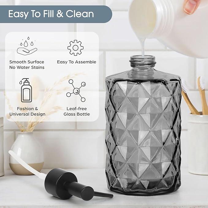 Topsky Glass Soap Dispenser with Plastic Pump, 330ml Liquid Hand Soap Dispenser, Rustproof Pump for Kitchen & Bathroom, Great for Lotions, Essential Oil, Liquid Soaps Clear Black - Image 2