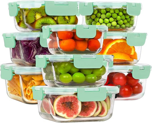 HOMBERKING Glass Food Storage Containers with Lids, [18 Piece] Glass Meal Prep Containers, Airtight Lunch Bento Boxes, BPA-Free & Leak Proof (9 lids & 9 Containers) - Blue by HOMBERKING