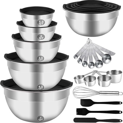 WEPSEN Mixing Bowls Set, 25PCS Stainless Steel Mixing Bowl with Lid Set, Large Nesting Bowls 7, 4.5, 3,2, 1.5QT, Measuring Cups and Spoons Baking Utensils Metal Bowl for Kitchen Prep by WEPSEN