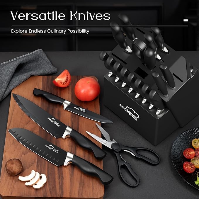 Knife Set, Amorston 21 Pieces Kitchen Knife Set with Block and Sharpener, Ultra-Sharp Knives Set with Ergonomic Handles, Black German Stainless Steel Knife Block Set, Dishwasher Safe - Image 3