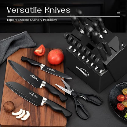 Knife Set, Amorston 21 Pieces Kitchen Knife Set with Block and Sharpener, Ultra-Sharp Knives Set with Ergonomic Handles, Black German Stainless Steel Knife Block Set, Dishwasher Safe - Image 3