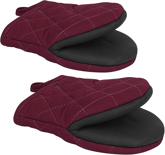 1 Pair Short Oven Mitts - Silicone Kitchen Oven Gloves High Heat Resistant 500℉, Mini Oven Mits with Non-Slip Grip Surfaces and Hanging Loop for BBQ, Baking, Cooking and Grilling (Dark Red) by Qulable
