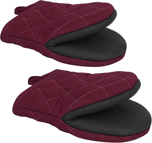 1 Pair Short Oven Mitts - Silicone Kitchen Oven Gloves High Heat Resistant 500℉, Mini Oven Mits with Non-Slip Grip Surfaces and Hanging Loop for BBQ, Baking, Cooking and Grilling (Dark Red) by Qulable