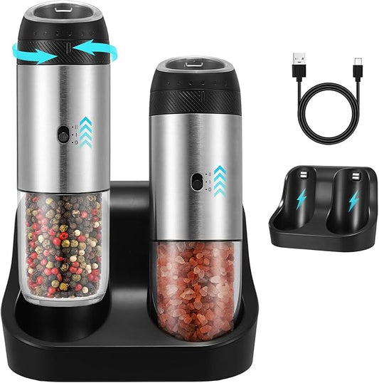 Rechargeable Gravity Electric Salt Grinder Set with Variable Grinding Speed, External Adjustable Coarseness,Charging Base and White LED Light,Stainless Steel by GLOKUUCA
