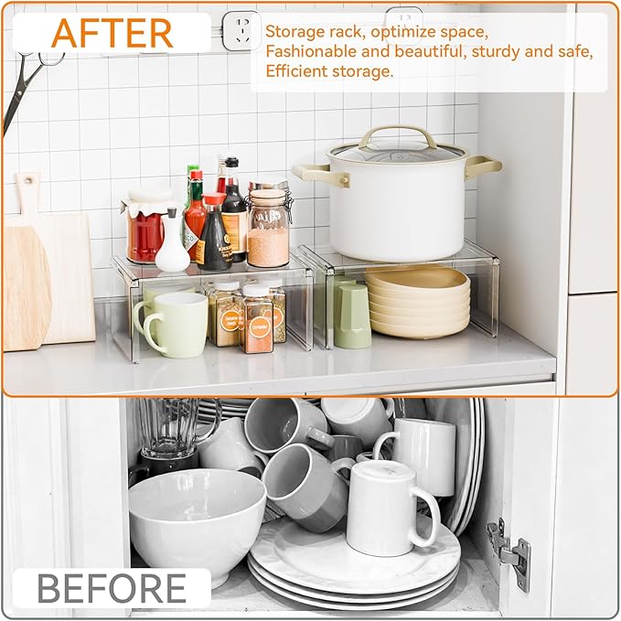 Yieach 4 Pack Acrylic Cabinet Organizer,2 Tier Stackable Shelves for Cabinets,RV Pantry Organization,Counter Space Saver Desk Organizers,Cupboard Shelf and Cabinet Stand & Risers for Mug,Cup,Dish - Image 5