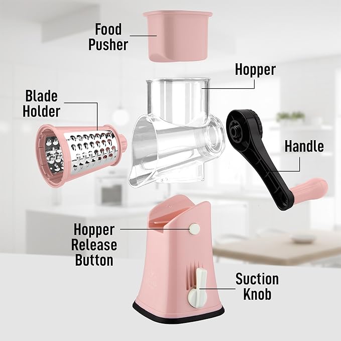 Zulay Kitchen Rotary Cheese Grater 5 Blade Cheese Shredder - Manual Hand Crank Cheese Grater With Reinforced Suction & 5 Interchangeable Drums - Easy to Use, Vegetable Chopper Round Mandoline Slicer - Image 8